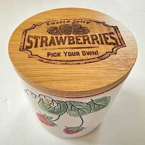 Strawberry Design Ceramic Storage Jar Laser Engraved with Custom Strawberry Image on Wood Lid