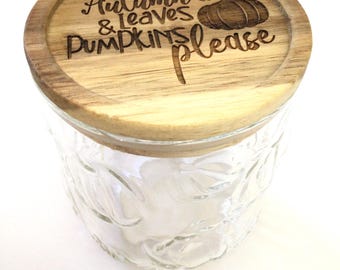 Pumpkin Embossed Textured Glass Storage Jar Laser Engraved with Autumn Leaves and Pumpkins Please on Wood Lid