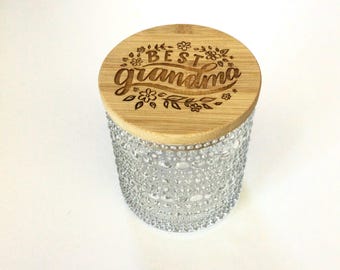 Textured Glass Storage Jar Laser Engraved with Best Grandma on the Wood Lid