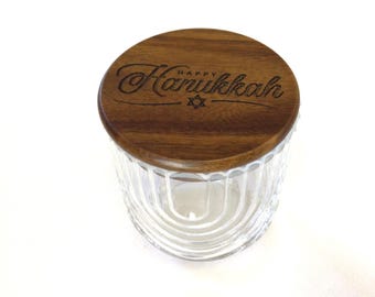 Textured Glass Storage Jar Laser Engraved with Happy Hanukkah on Wood Lid