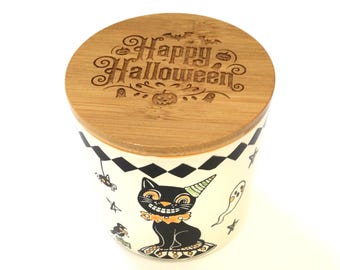 Halloween Cat Design Ceramic Storage Jar Laser Engraved with Happy Halloween on Wood Lid