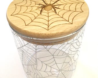 Sparkly Spider Web Glass Storage Jar With Laser Engraved Wood Lid