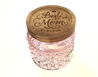 Pink Diamond Textured Glass Jar with Engraved Wood Lid - Best Mom Ever - Vintage Style Airtight Storage Jar for Vanity or Kitchen