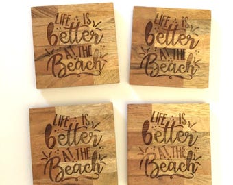 Juego de 4 posavasos de madera con temática de playa