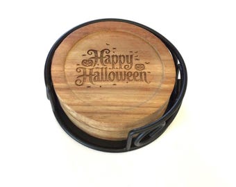 Halloween Wood Coaster Set of 4 Laser Engraved with 4 Different Images with a Black Metal Holder