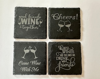 Posavasos de pizarra negra grabados con láser con citas sobre vino, juego de 4