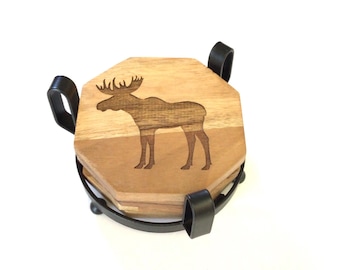 Wood Coaster Set of 4 Laser Engraved with Moose Image with Holder