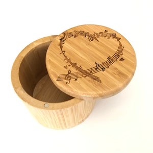 Bamboo Guitar Pick Holder / Salt Box / Trinket Box Laser Engraved with Music / Heart Design