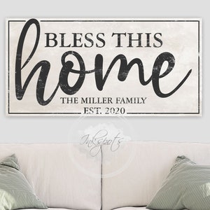 Bless This Home Sign | Family Name Sign Canvas | Custom Last Name Established Sign | Farmhouse Decor | Personalized Housewarming Gift - NE07