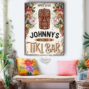 Personalized Tiki Decor, Custom Tiki Bar Decor, Pool and Patio Large Canvas Sign, Tiki Hut Tropical Bar and Grill Last Name Sign - PL24