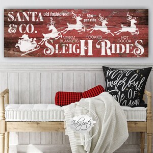 Sleigh Ride Sign Personalized Modern Farmhouse Christmas Sign Reindeer Santa Claus Large Custom Canvas Rustic Holiday Christmas Gift - CH65