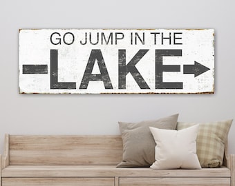 Custom Lake House Sign, Go Jump In The Lake Large Canvas Sign, Personalized Lake House Decor Gift, Directional Arrow Housewarming Gift -BL12