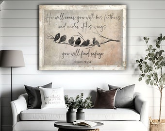 He Will Cover You With His Feathers Bible Verse Wall Art Christian Wall Decor Modern Farmhouse Scripture Sign Rustic Housewarming Gift SC17