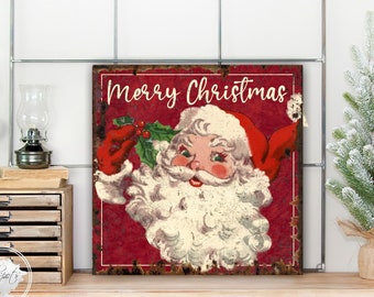 Vintage Santa Christmas Sign, Santa Claus Decor, Modern Farmhouse Christmas Mantel Decoration, Antique Rustic Distressed Canvas - CH103