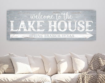 Personalized Lake House Sign, Welcome To Our Lake House Directional Arrow Canvas Sign with Lake Location, Lake Life Housewarming Gift - BL14