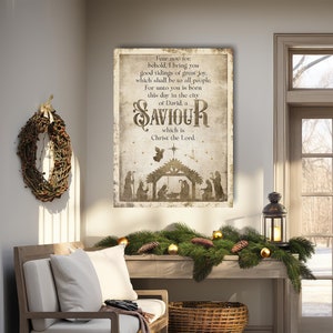 Luke 2 Nativity Christmas Sign Manger Star of Bethlehem Wall Canvas Decor, Above the Mantel Entryway Living Room Holiday Decoration - CH115