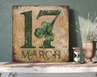 St Patricks Day Decorations, Shamrock Decor, March 17 Clover Wall Art Vintage Canvas Sign, Modern Farmhouse Mantel Entryway Decor Old - ST01