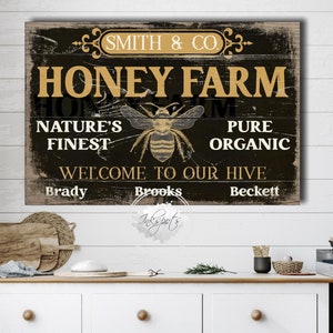 Honey Bee Wall Art Large Custom Kitchen Sign, Beekeeper Gift Farmhouse Decor,  Personalized Farm Market Dining Room Entryway Wall Art - HF01