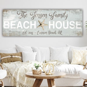 Custom Beach House Sign with Last Name Location | Personalized Coastal Farmhouse Canvas Sign | Last Name Established Beach Theme Decor -BL29