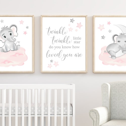 Pink ELEPHANT NURSERY Decor Set of 3 Baby Girl Nursery Etsy