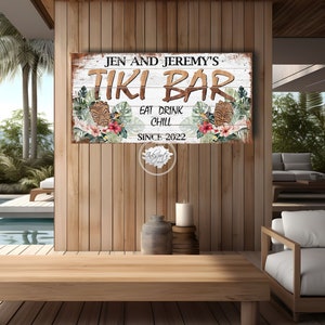 Personalized Tiki Bar Sign, Custom Tiki Bar Decor, Pool and Patio Large Canvas Sign, Tiki Hut Tropical Bar and Grill Name Sign - PL23