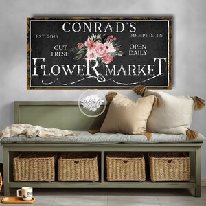 Flower Market Sign, Vintage Spring Decor, Fresh Market Sign for Modern Farmhouse Country Cottage with Family Last Name Year Established FM03