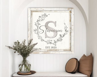Personalized Family Name Sign, Monogram Initial Wedding Gift, Modern Farmhouse Custom Name Canvas, Anniversary New Home Housewarming - NE24