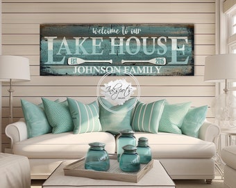 Custom Welcome To The Lake Sign, Personalized Lake House Decor, Coastal Housewarming Gift, First Home Rustic Cottage Cabin Canvas - BL24