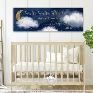 Twinkle Twinkle Little Star Navy Nursery Decor | Moon and Stars Nursery Canvas | Baby Boy Modern Nursery Wall Art Gold Blue- GR04