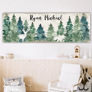 Woodland Nursery Canvas Sign, Baby Boy Rustic Woodland Nursery Decor, La aventura espera arte personalizado de la pared del bosque del bosque, Bear Deer BR03