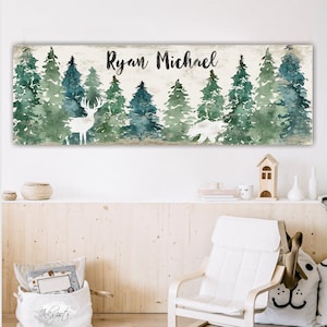 Letrero con nombre de bosque personalizado para bebé, la aventura te espera, arte de pared para habitación de bebé, lienzo rústico personalizado para dormitorio de niño, impresión de bosque, oso, ciervo - BR03