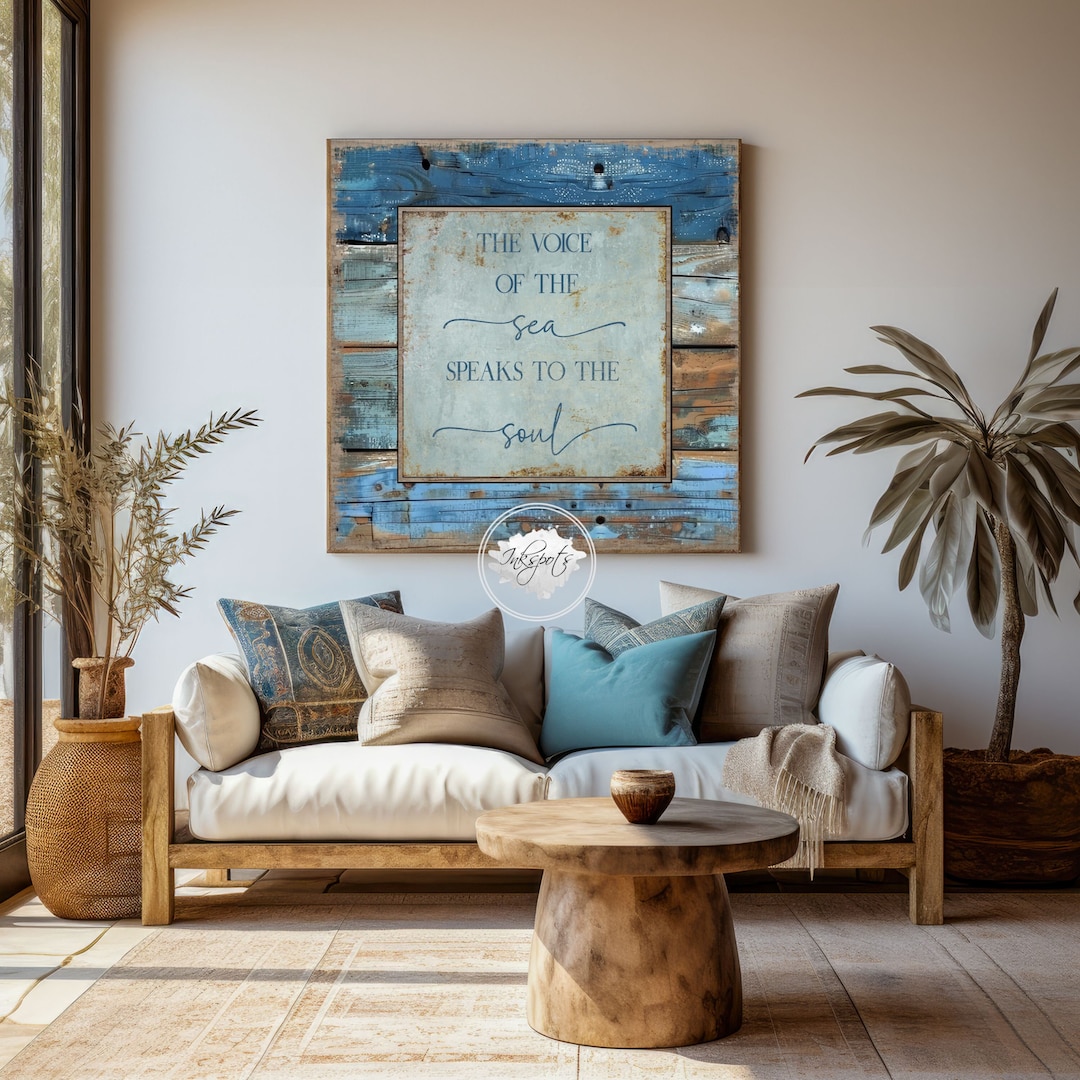 Beach House Sign, the Voice of the Sea Speaks to the Soul Quote, Beach Wall Art, Coastal Wall Decor Nautical Ocean Distressed Canvas - BL43