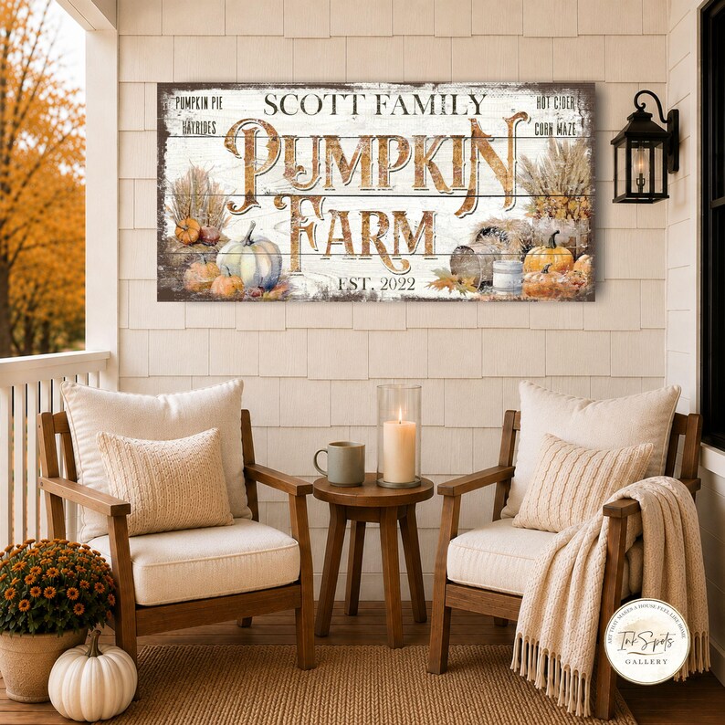May include: A rectangular wooden sign with a white-washed finish featuring the text Scott Family Pumpkin Farm Est. 2022. The design includes illustrations of pumpkins, dried wheat, and autumn foliage, with the words Pumpkin Pie, Hayrides, Hot Cider, and Corn Maze.