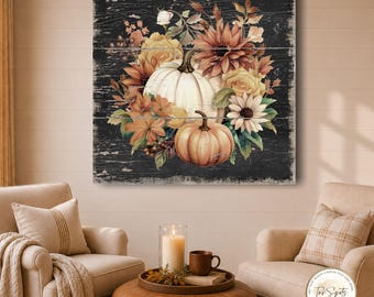 Vintage Pumpkin Canvas Print | Rustic Autumn Floral Wall Decor | Fall Harvest Sign | FL37