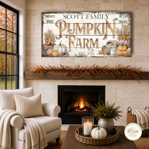 May include: A rectangular wooden sign featuring the text "SCOTT FAMILY PUMPKIN FARM EST. 2022" with smaller text "PUMPKIN PIE", "HAYRIDES", "HOT CIDER", and "CORN MAZE". The design includes illustrations of pumpkins, dried wheat, and autumn leaves.