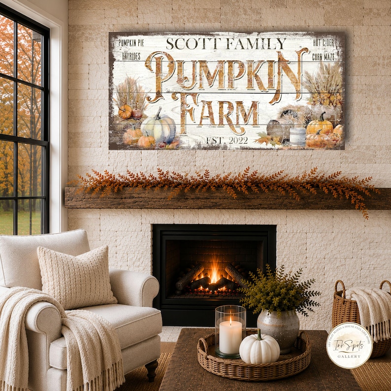 May include: A rectangular wooden sign featuring the text "SCOTT FAMILY PUMPKIN FARM EST. 2022" with smaller text "PUMPKIN PIE", "HAYRIDES", "HOT CIDER", and "CORN MAZE". The design includes illustrations of pumpkins, dried wheat, and autumn leaves.