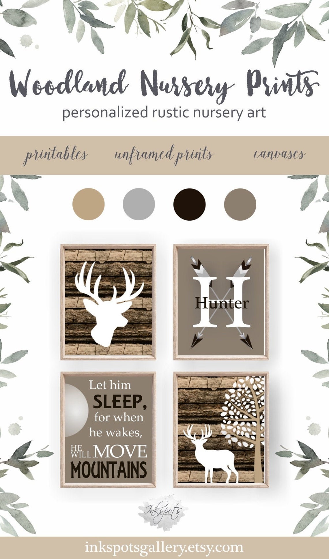 Rustic Woodland Nursery Decor Set of 4 Prints Personalized Boy Etsy