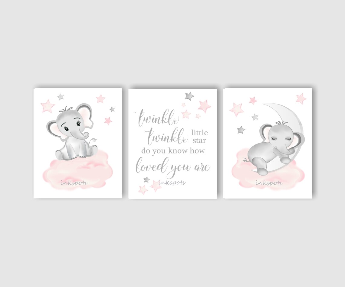 Pink ELEPHANT NURSERY Decor. Set of 3 Baby Girl Nursery Etsy