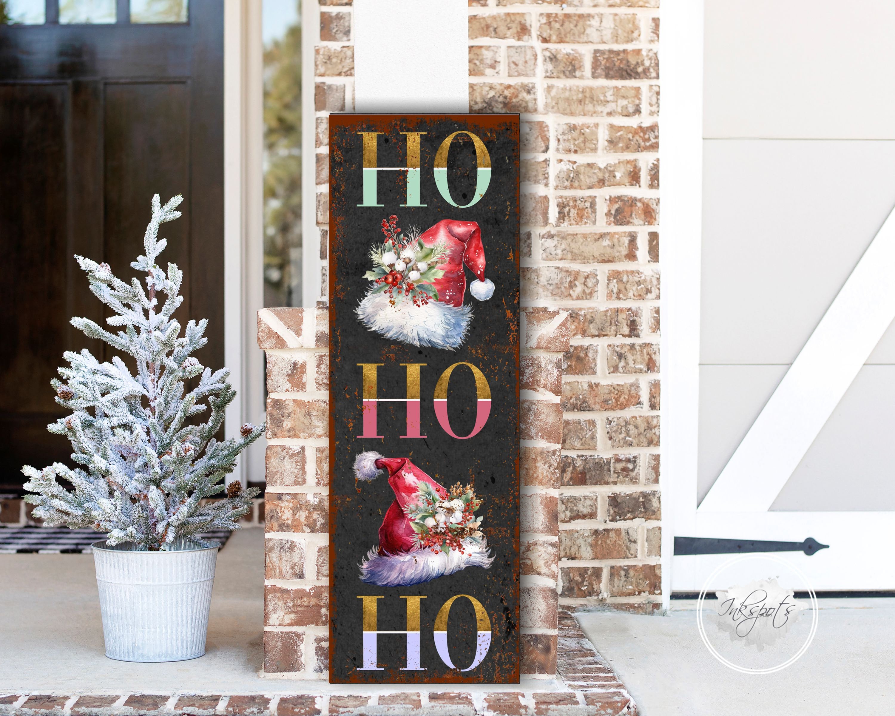 Ho Ho Ho Christmas Sign, Fun Colorful Front Porch Santa Sign