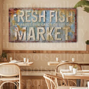 Vintage Style Fish Market Canvas Sign: Lake House Decor
