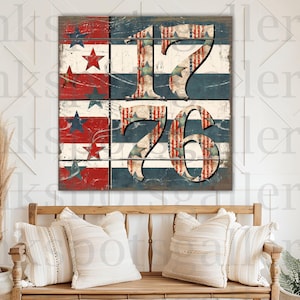1776 4th of July Sign Patriotic Americana Vintage Style July Fourth Decor Rustic Porch Sign, Modern Farmhouse Independence Day Canvas SU15
