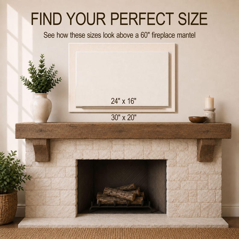May include: A white rectangular canvas mockup displayed above a fireplace mantel with text reading FIND YOUR PERFECT SIZE, See how these sizes look above a 60 inch fireplace mantel, 24 inches by 16 inches, and 30 inches by 20 inches.