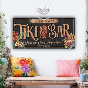 Personalized Tropical Tiki Bar Canvas Sign for Pool, Patio & Summer Decor - Custom Beach Themed Wall Art - PL22