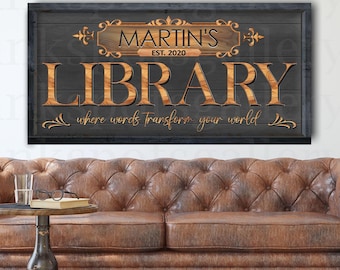 Name Library Sign Custom Library Decor Personalized Book Lover Gift, Book Nook Large Canvas Sign Reading Corner Wall Art Decoration - RM02