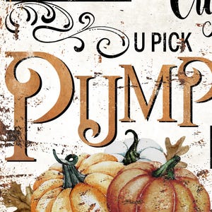 May include: A decorative sign with a distressed white background featuring the text U PICK PUMPKIN in large orange and black lettering. Below the text are illustrations of three pumpkins in shades of orange and white with green stems and brown leaves.
