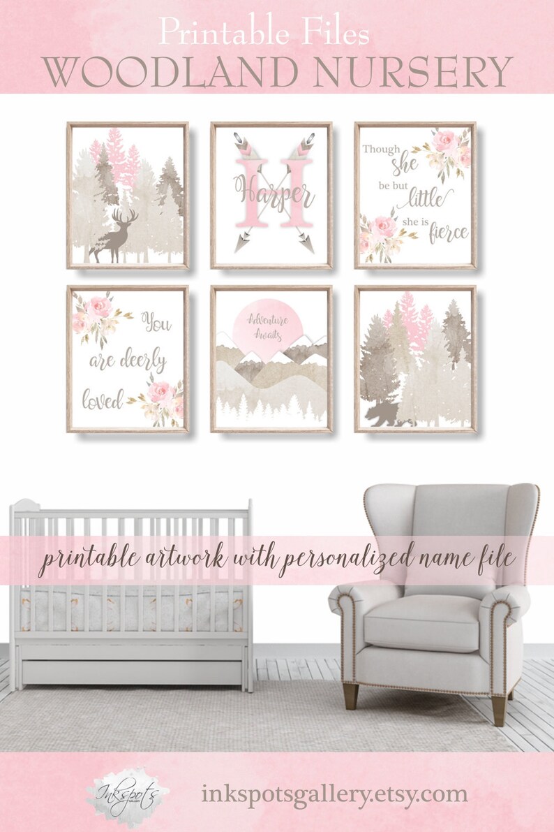 Baby Girl Woodland Nursery Decor Personalized Print PRINTABLE Watercolor Woodland Animals Adventure Awaits Nursery Print- WD4409