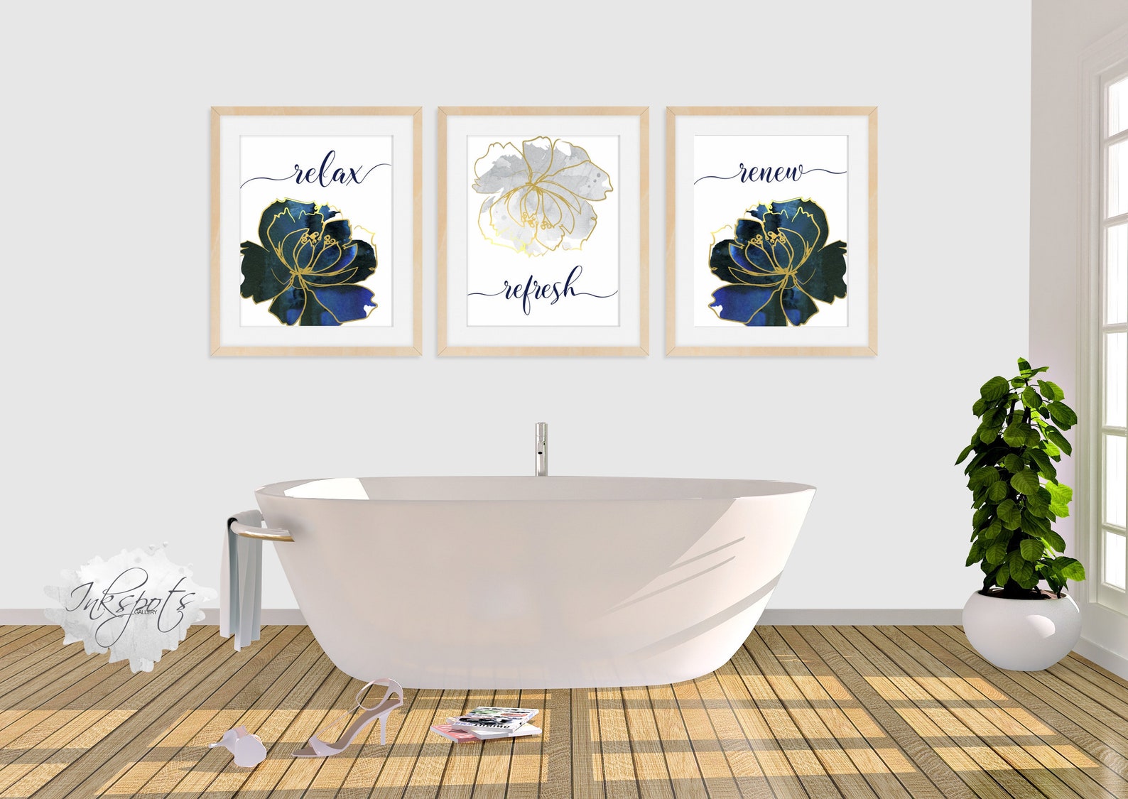 Bathroom Wall Art Pictures Navy Blue Gold Watercolor Modern Etsy