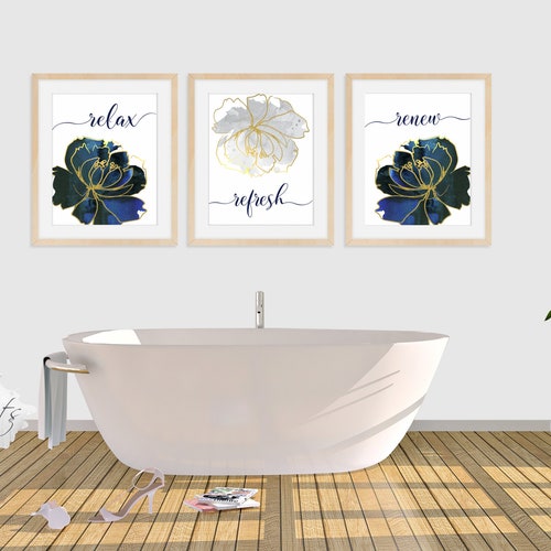 Navy Blue Bathroom Wall Art Relax Soak Unwind Quote / Etsy