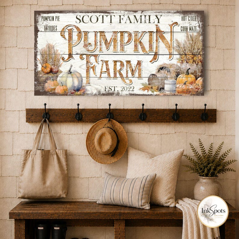 May include: A rectangular wooden sign with a white-washed finish featuring the text SCOTT FAMILY PUMPKIN FARM EST. 2022. The design includes illustrations of pumpkins, dried wheat, and text reading PUMPKIN PIE, HAYRIDES, HOT CIDER, and CORN MAZE.