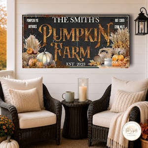 May include: A rectangular wall sign with a dark background featuring the text THE SMITH'S PUMPKIN FARM EST. 2023. The design includes illustrations of pumpkins, dried wheat, and autumn leaves, with the words PUMPKIN FARM in large, distressed gold lettering.
